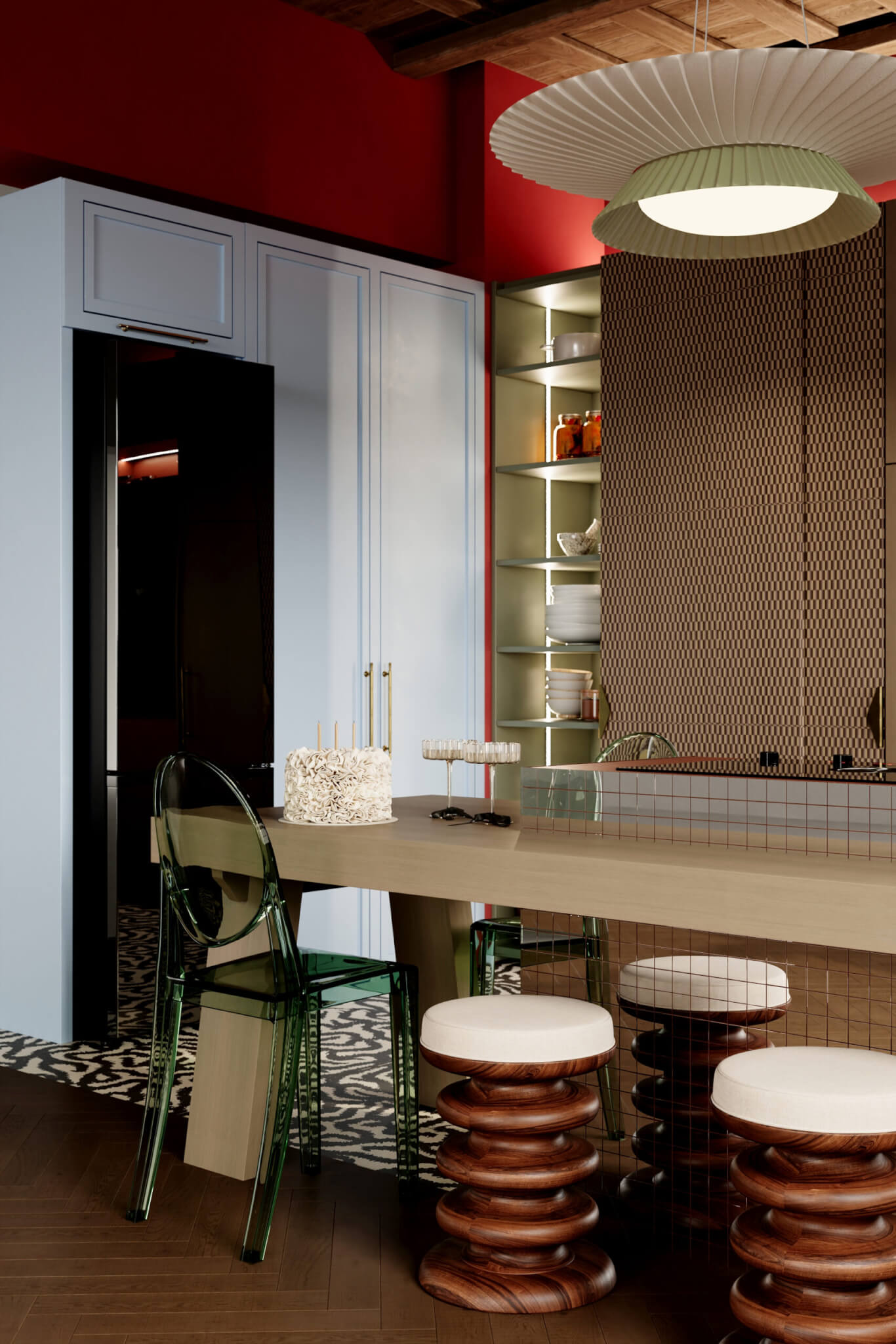 eclectic kitchen, blue cabinets